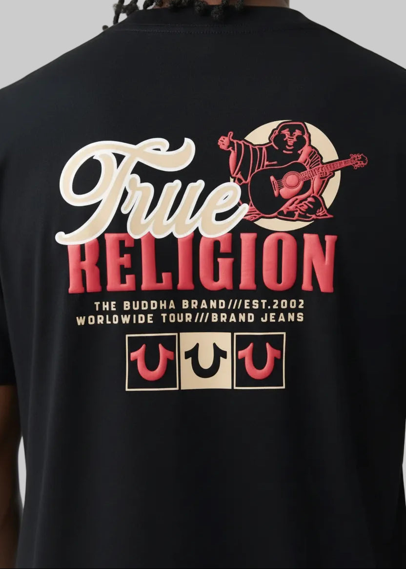 Playera True Religion | Negra - Logo Texturizado Rojizo